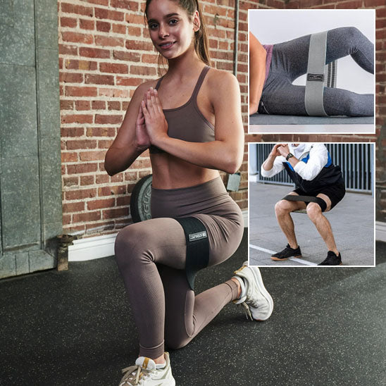 Femme accroupie qui s'entraine avec un élacatique de musculation