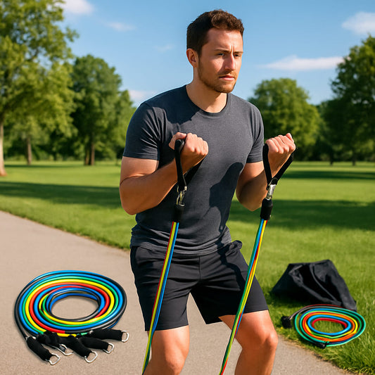 homme s'entraine en plein air avec elastique musculation